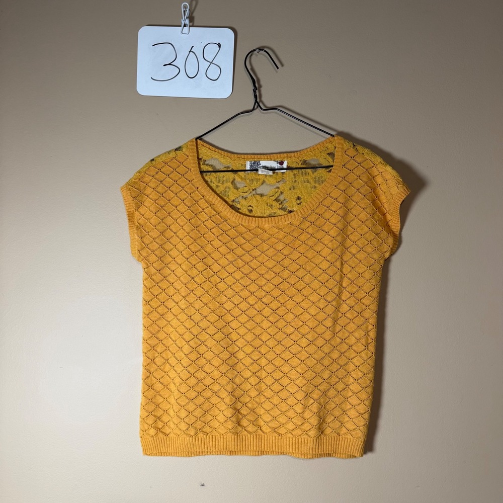 Flying Tomato Mustard Yellow Pointelle Knit Lace Back Short Sleeve Sweater M
